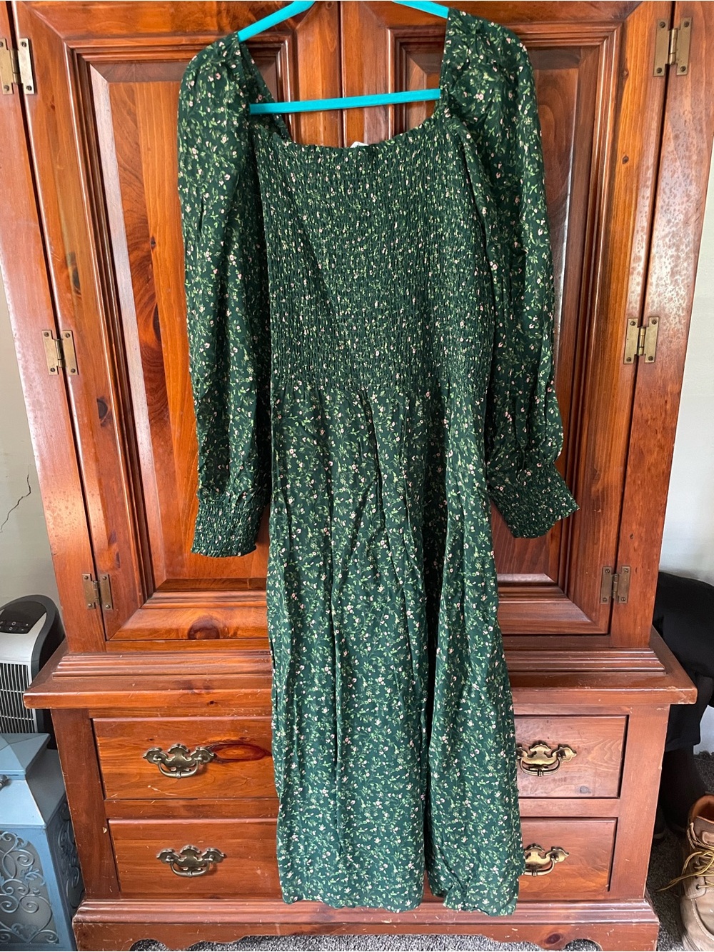 Reformation Dark Green Floral Long-Sleeve Smocked Midi Dress